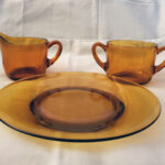 Plate-creamer-sugar-amber-glass-1